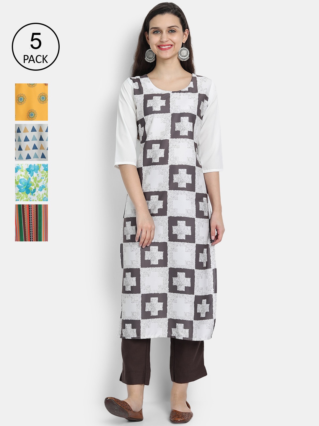 

7Threads Women Pack Of 5 Printed Crepe Kurta, Yellow