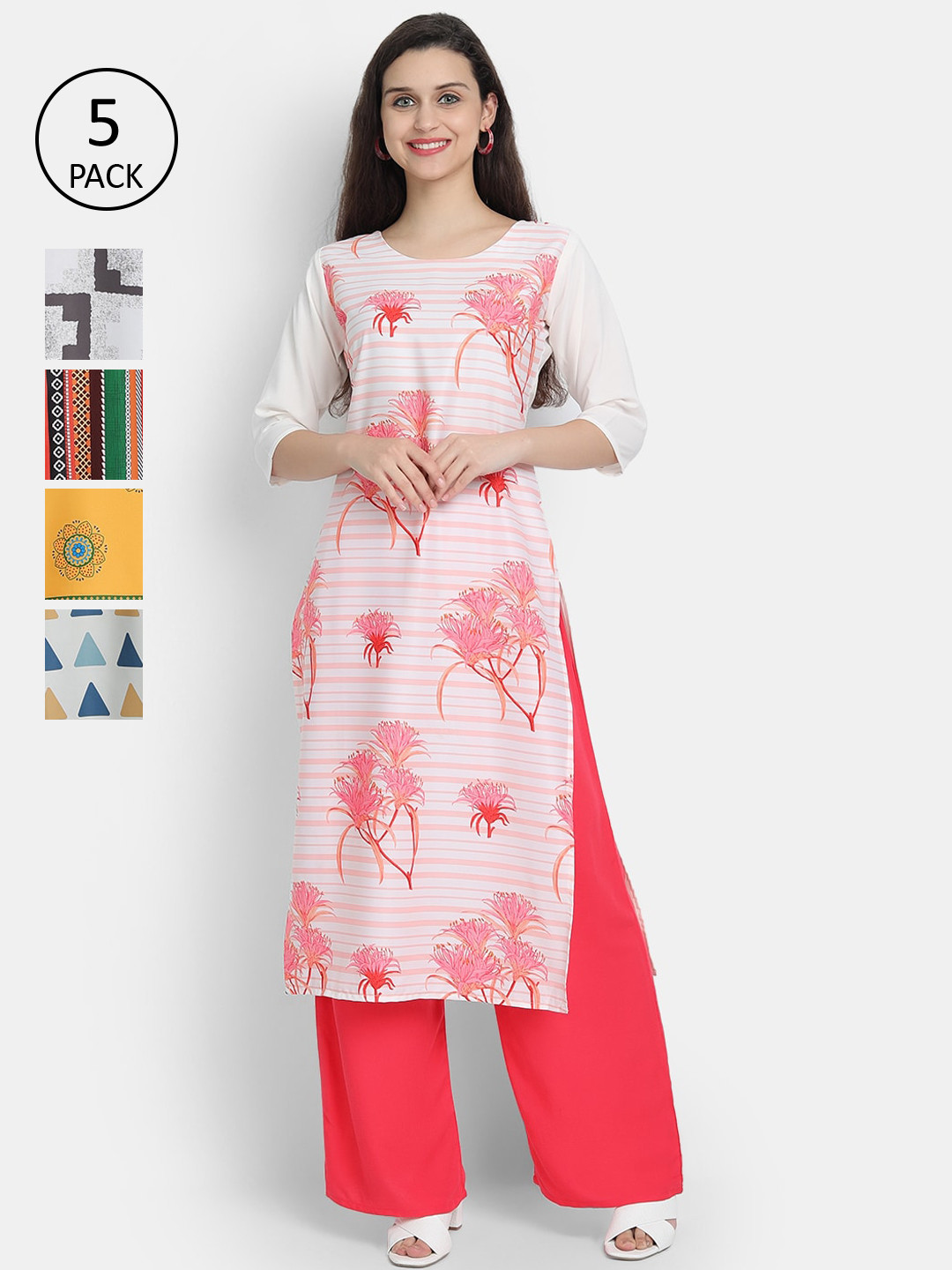 

7Threads Women Pack Of 5 Printed Crepe Kurtas, Pink