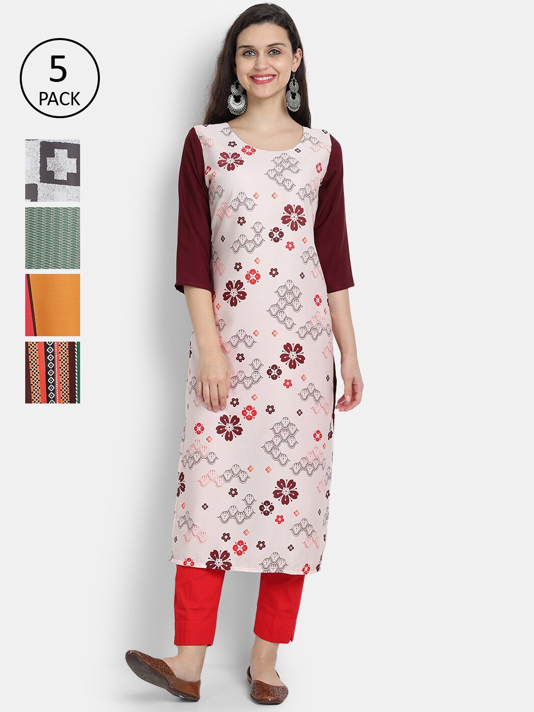 

7Threads Women Set of 5 Ethnic Motifs Printed Crepe Kurta, Multi