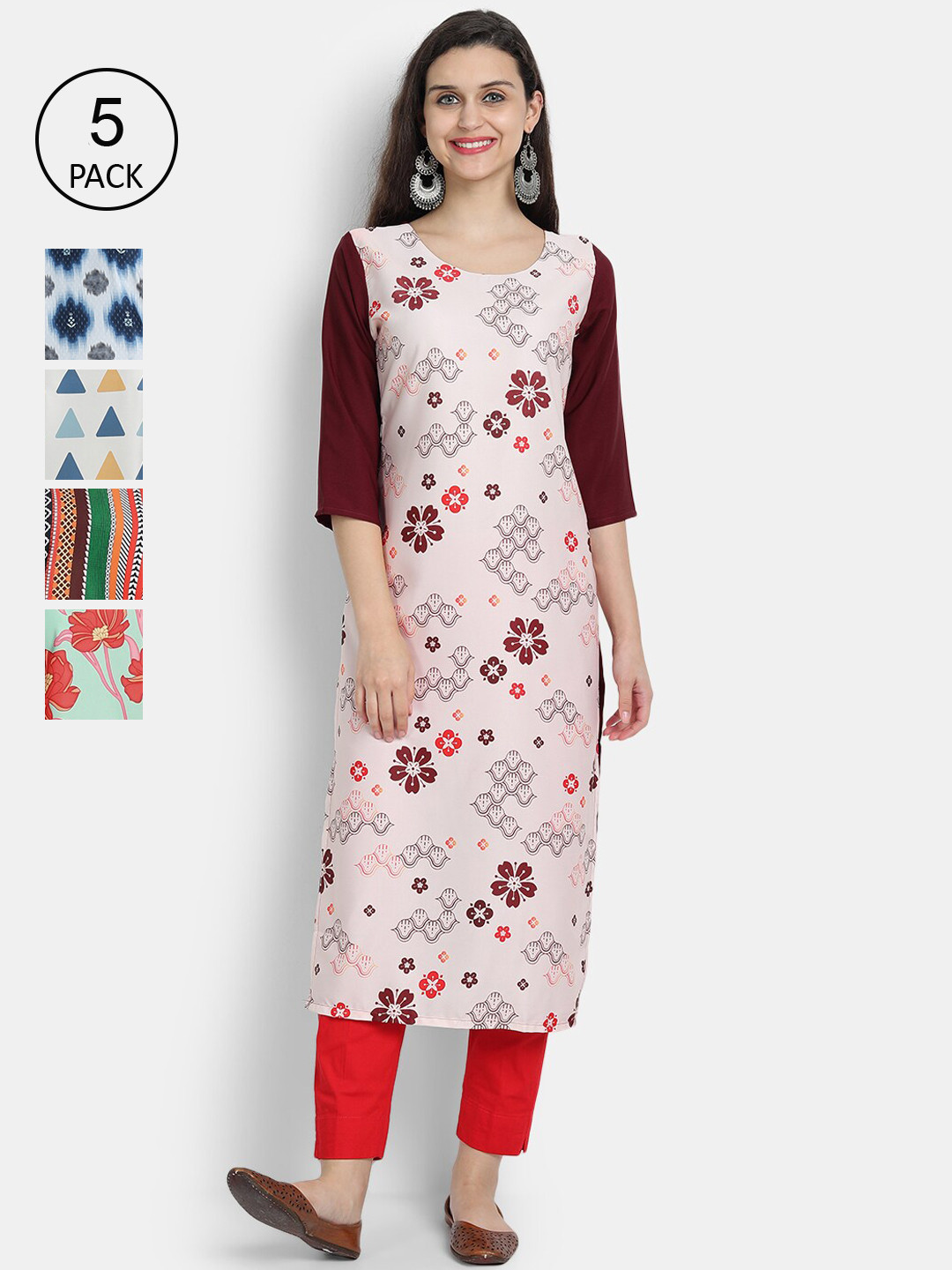 

7Threads Pack of 5 Women Printed Crepe Kurta, Multi