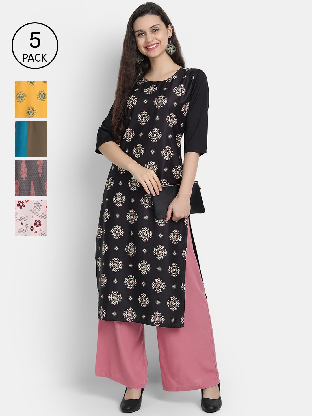 

7Threads Women Pack of 5 Ethnic Motifs Printed Crepe Kurta, Black