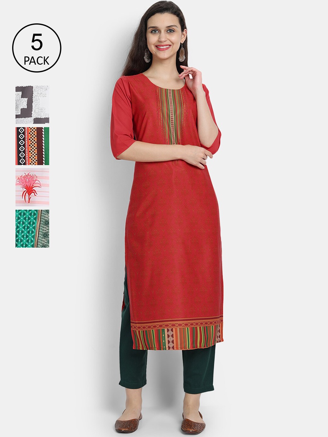 

7Threads Women Pack Of 5 Printed Crepe Kurta, Red