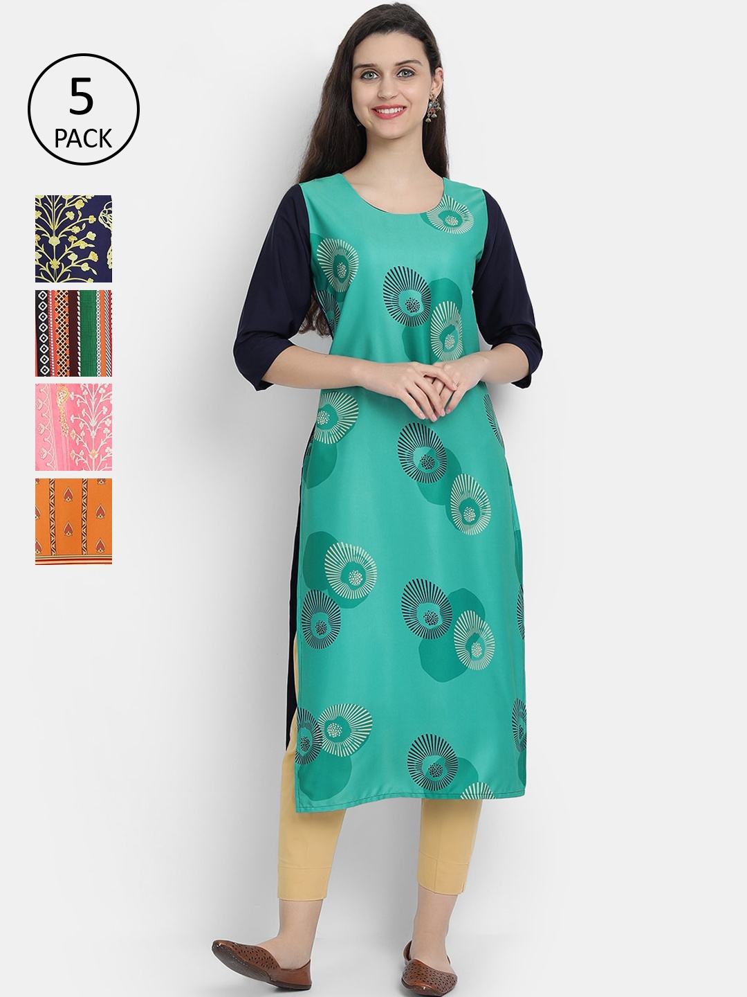 

7Threads Women Pack of 5 Multicoloured Ethnic Motifs Printed Kurta, Multi
