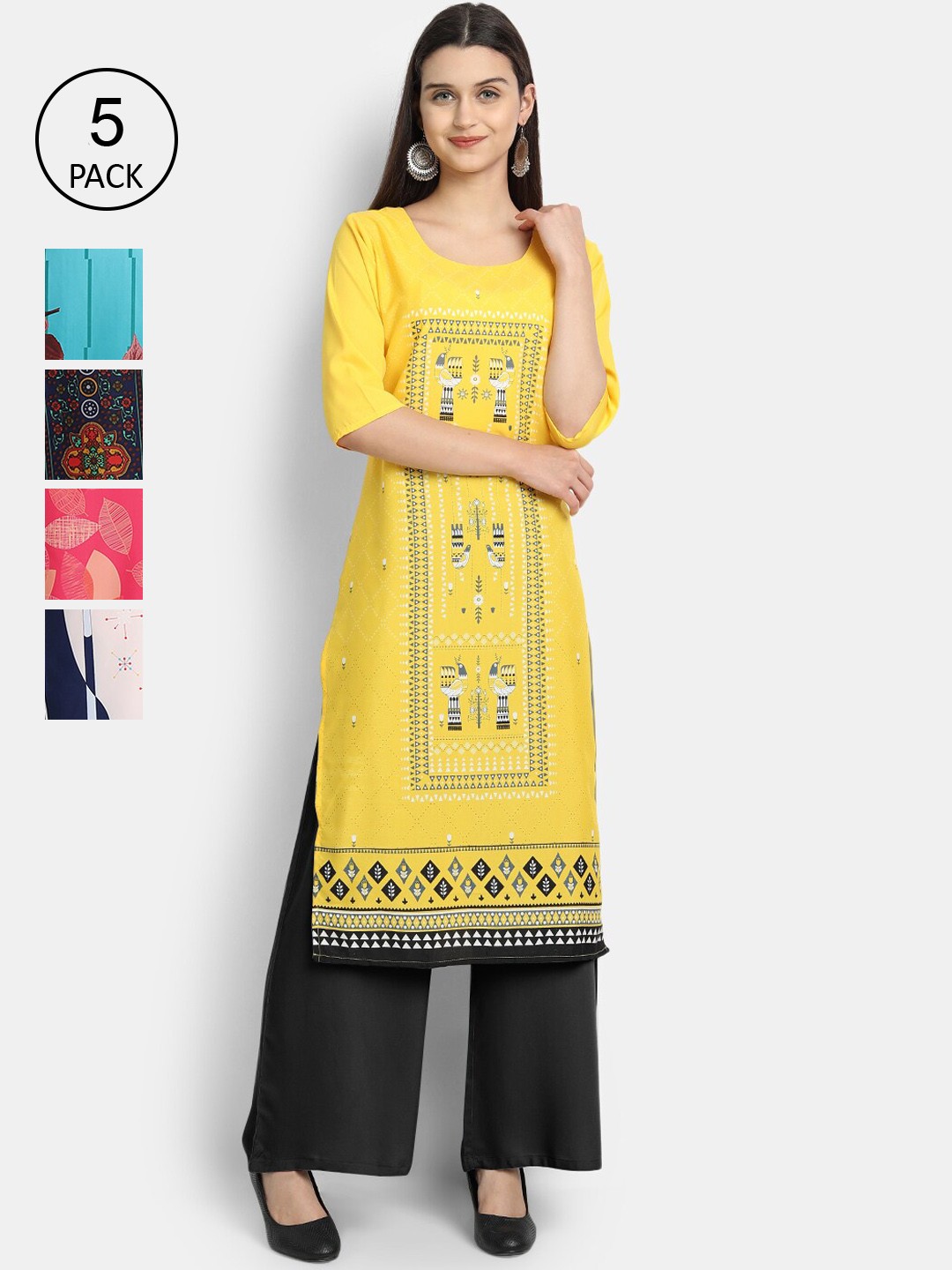 

7Threads Women Pack Of 5 Printed Crepe Kurtas, Yellow