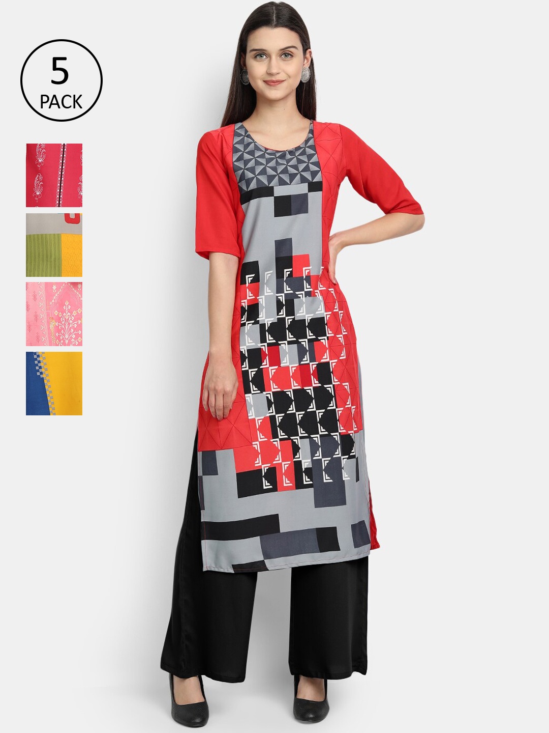 

7Threads Women Pack of 5 Geometric Printed Crepe Kurta, Red