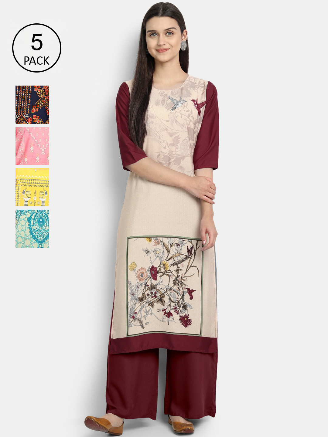 

7Threads Women Pack Of 5 Printed Crepe Kurta, Pink