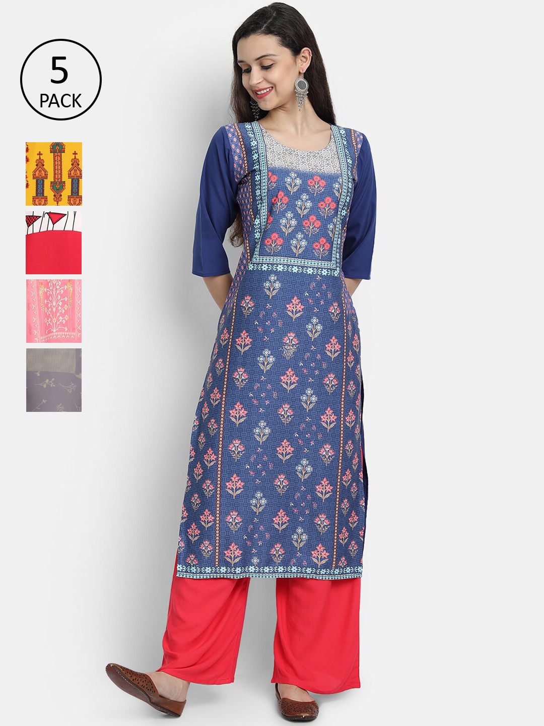 

7Threads Women Pack Of 5 Multicoloured Ethnic Motifs Printed Crepe Kurtas, Multi