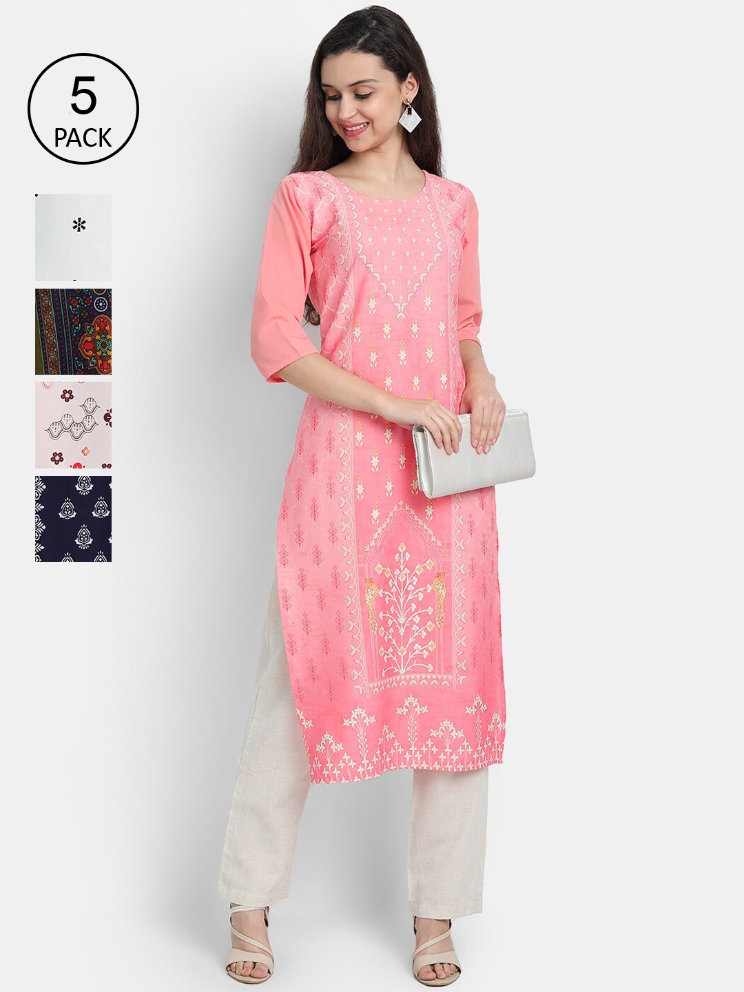 

7Threads Woman Pack of 5 Multicoloured Ethnic Motifs Printed Crepe Kurta, Multi