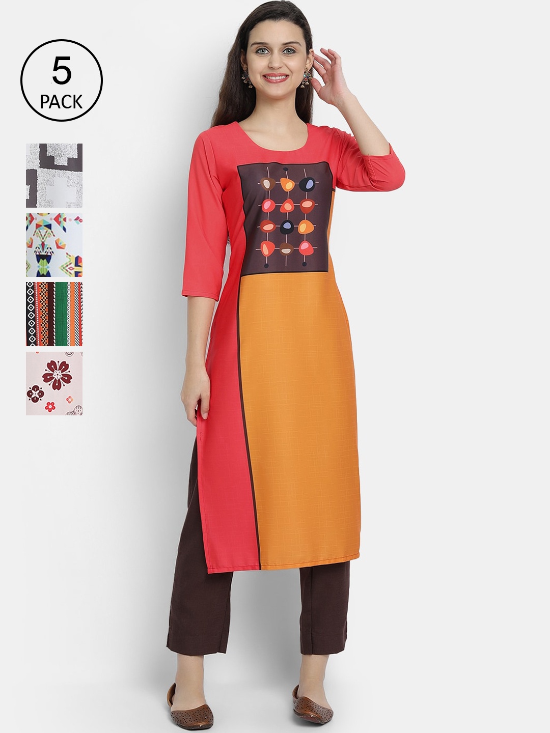 

7Threads Women Pack of 5 Multicoloured Printed Crepe Straight Kurtas, Multi