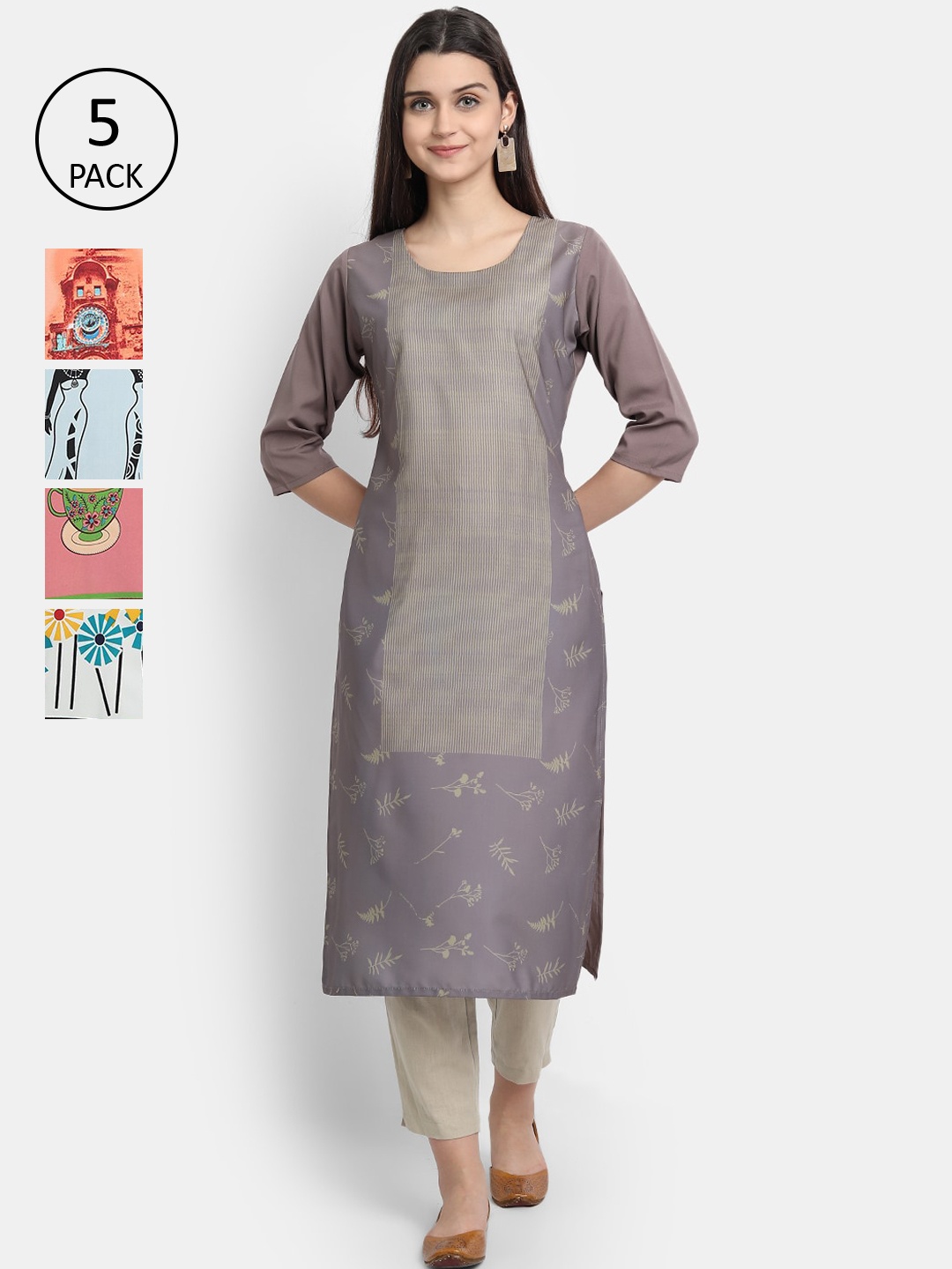 

7Threads Pack of 5 Women Printed Crepe Kurta, Multi