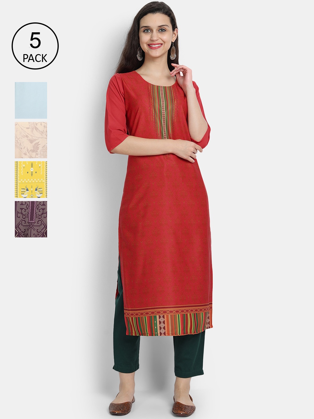 

7Threads Women Pack of 5 Ethnic Motifs Printed Crepe Kurta, Red