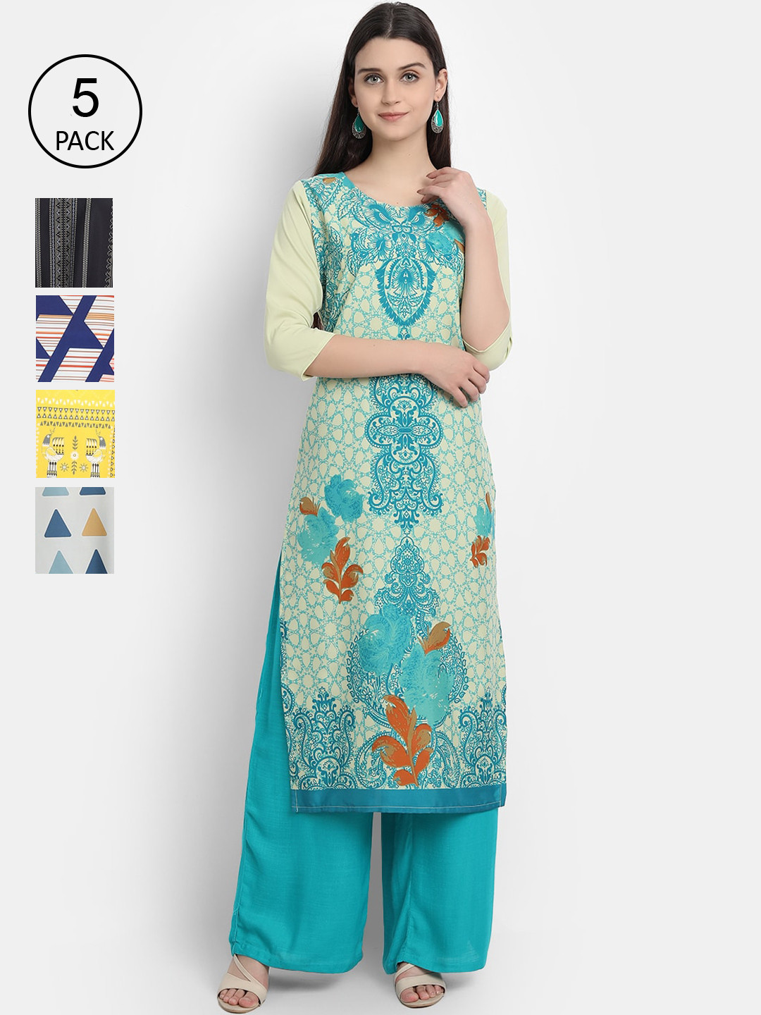 

7Threads Women Pack Of 5 Printed Crepe Kurta, Blue