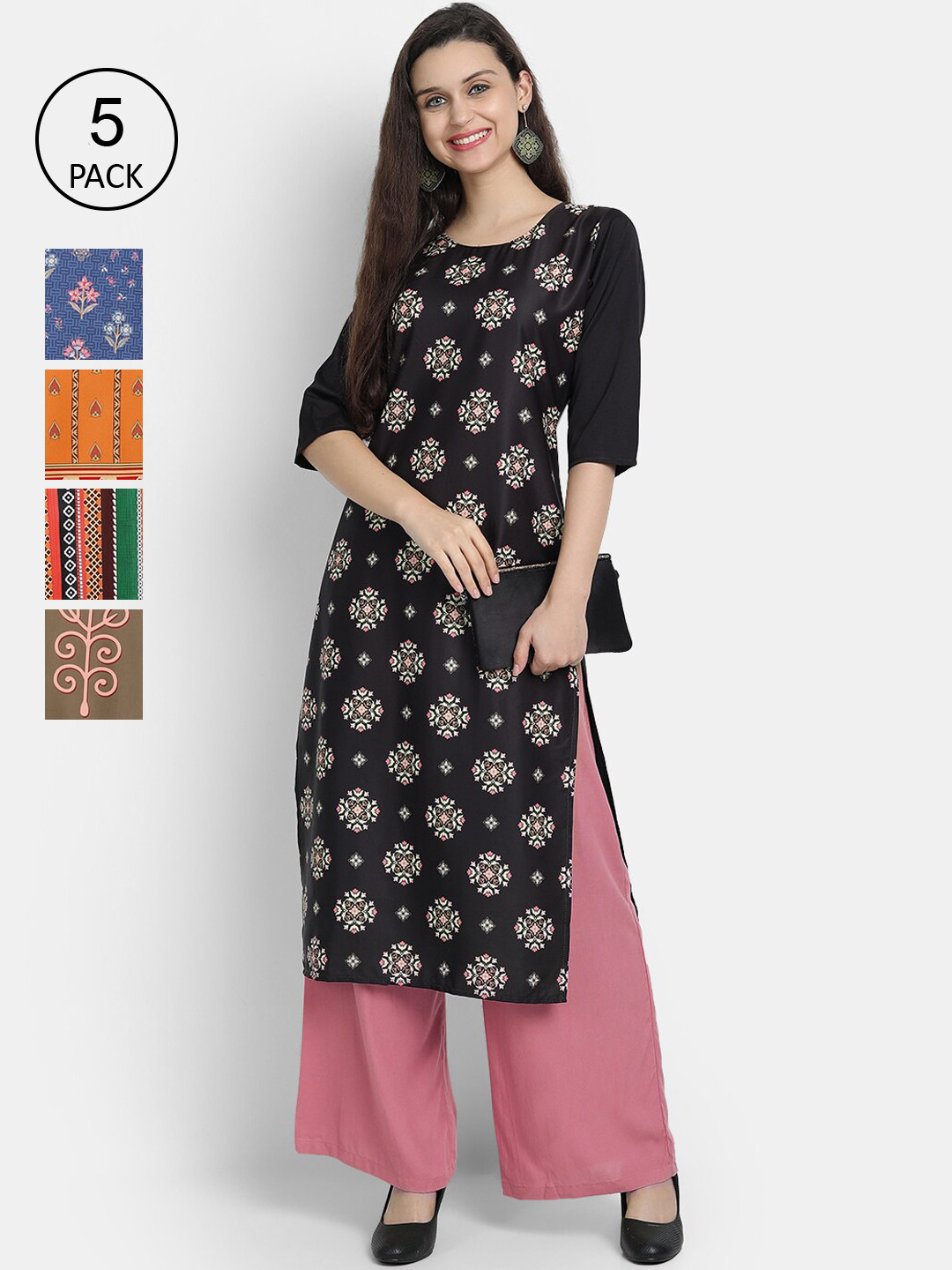 

7Threads Women Pack Of 5 Printed Crepe Kurtas, Black