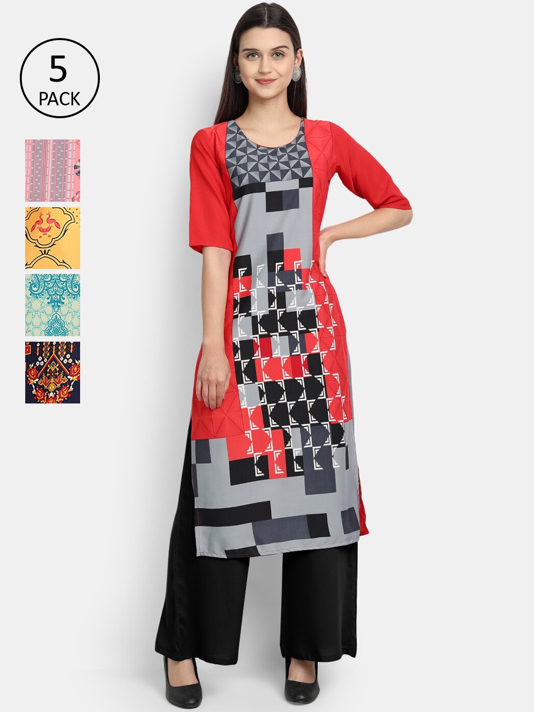 

7Threads Women Pack Of 5 Printed Crepe Kurta, Red