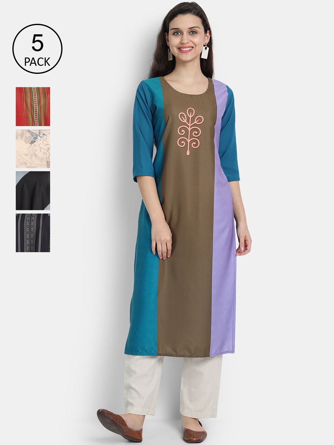 

7Threads Women Pack Of 5 Multicoloured Ethnic Motifs Printed Crepe Kurtas, Multi