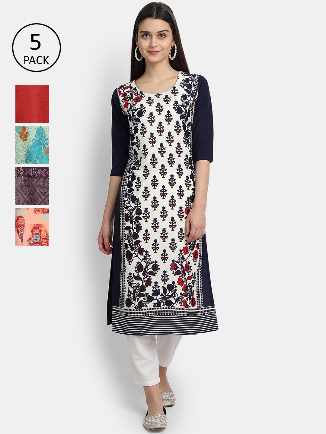 

7Threads Women Set of 5 Multicoloured Floral Printed Crepe Kurta, Multi