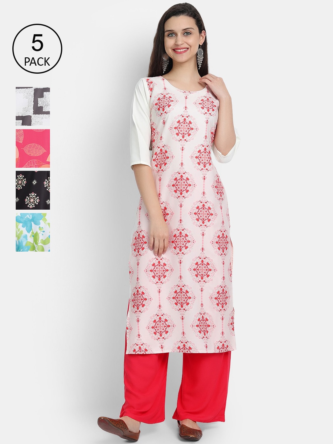 

7Threads Woman Pack of 5 Multicoloured Floral Printed Crepe Kurta, Multi