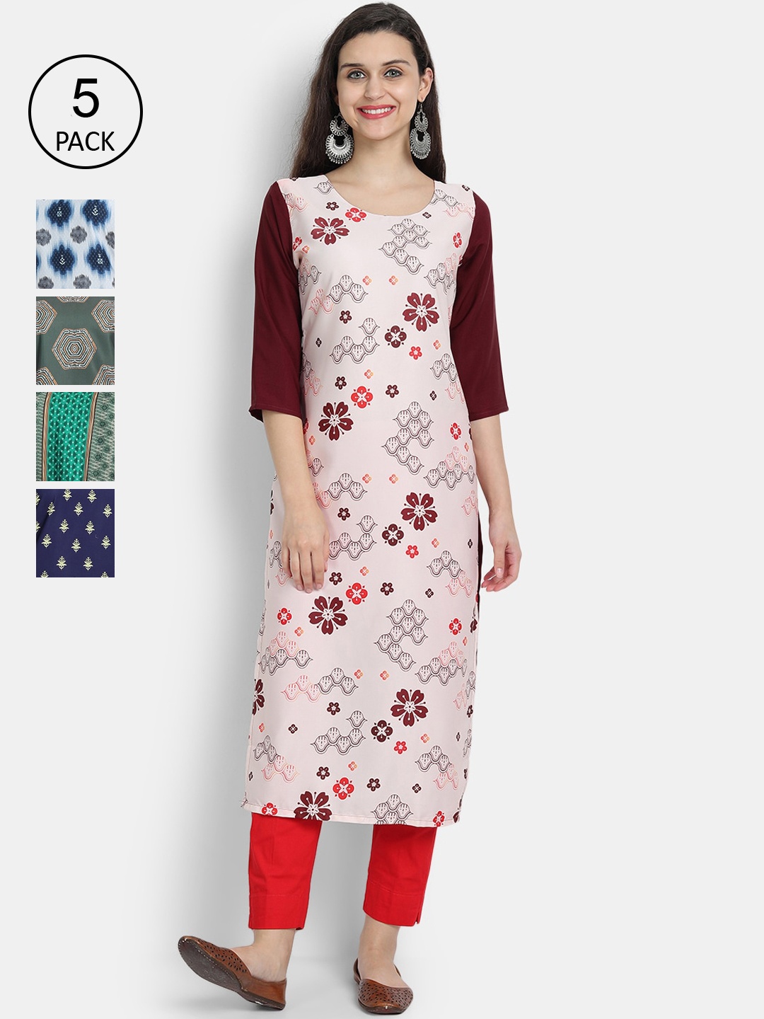 

7Threads Women Pack of 5 Multicoloured Printed Crepe Straight Kurtas, Multi