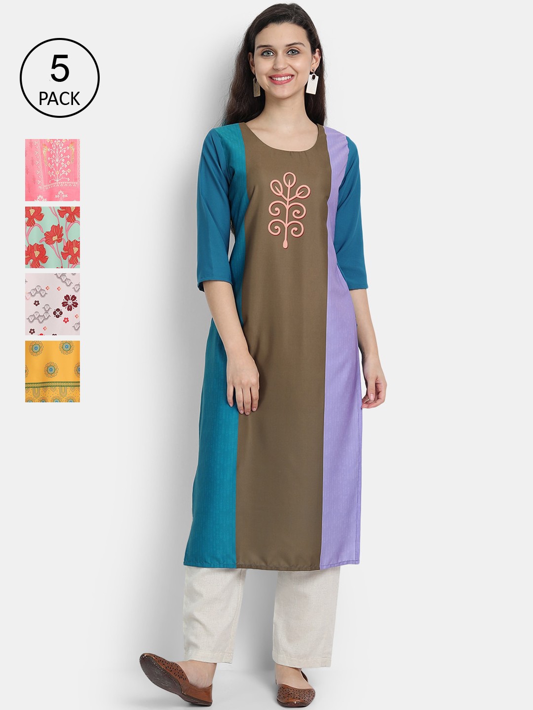 

7Threads Women Set of 5 Ethnic Motifs Printed Thread Work Crepe Kurta, Multi