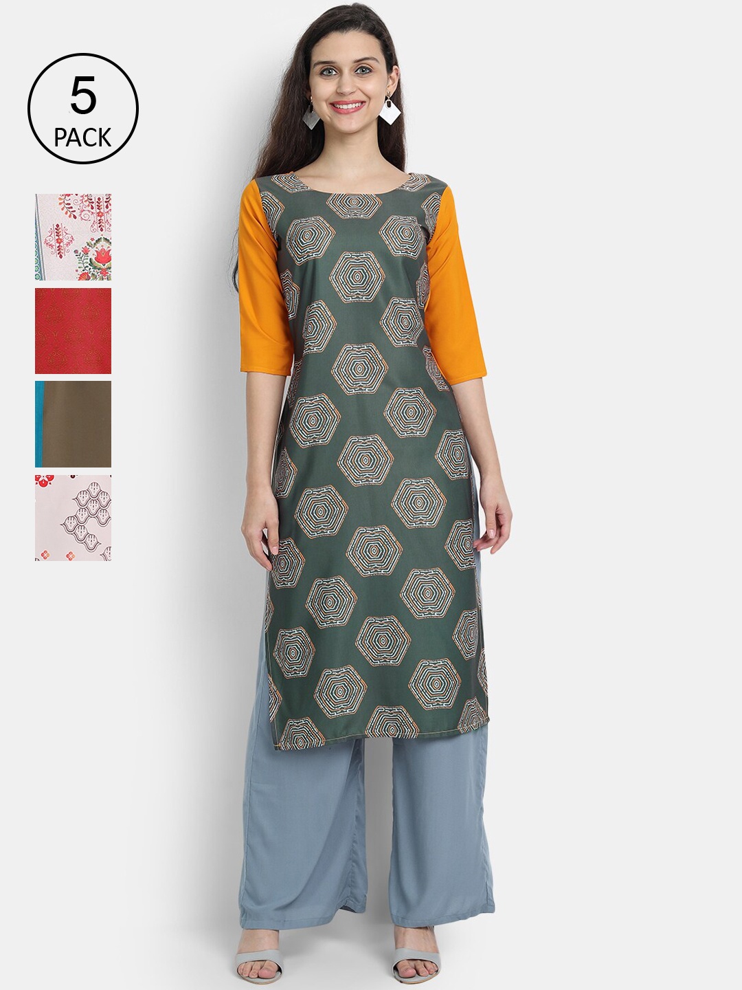 

7Threads Pack of 5 Women Printed Crepe Kurta, Multi
