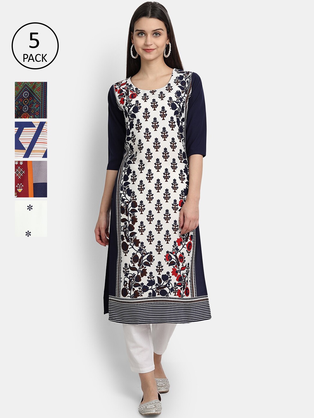 

7Threads WWomen Pack Of 5 Printed Kurtas, White