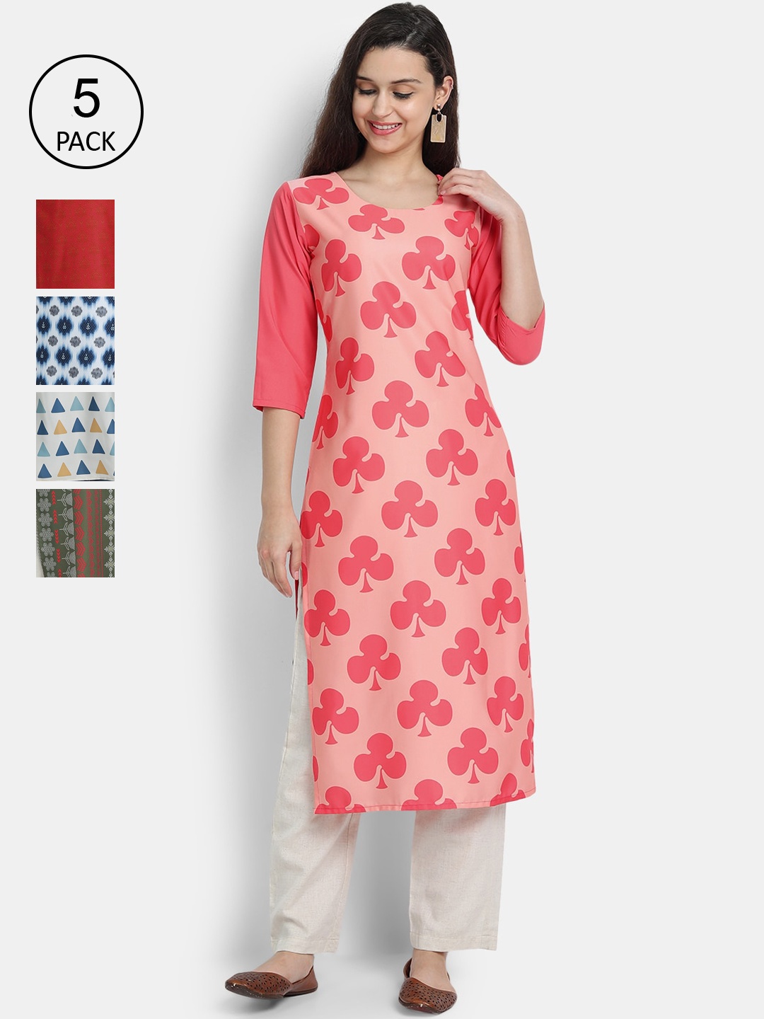 

7Threads Women Pack Of 5 Printed Crepe Kurta, Pink