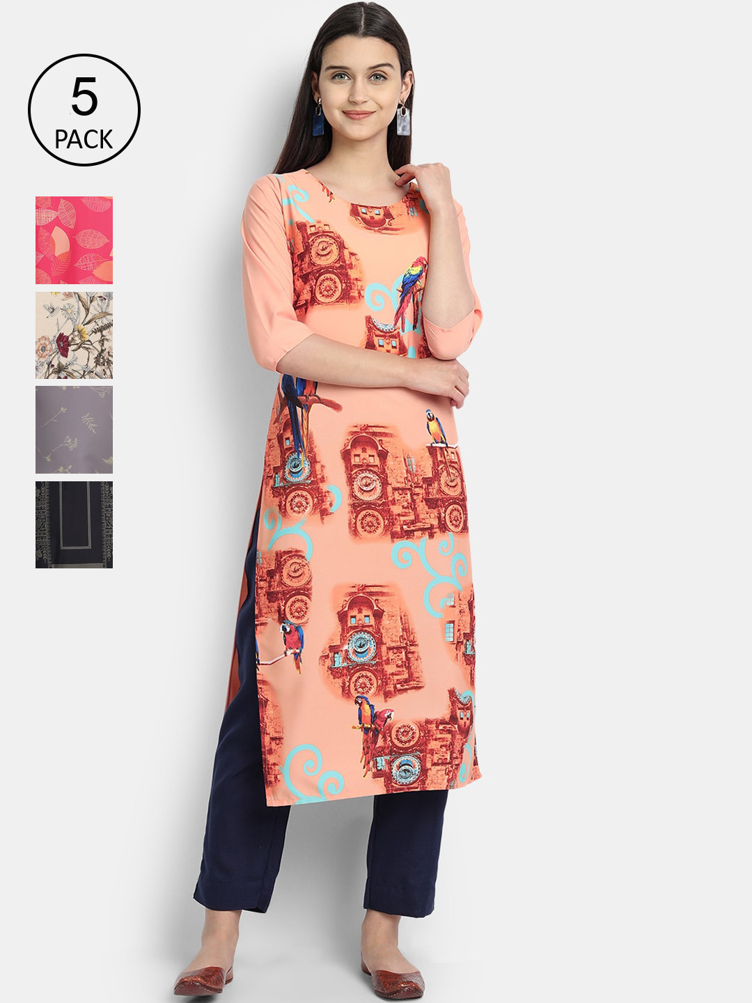 

7Threads Women Pack of 5 Ethnic Motifs Printed Crepe Kurta, Pink