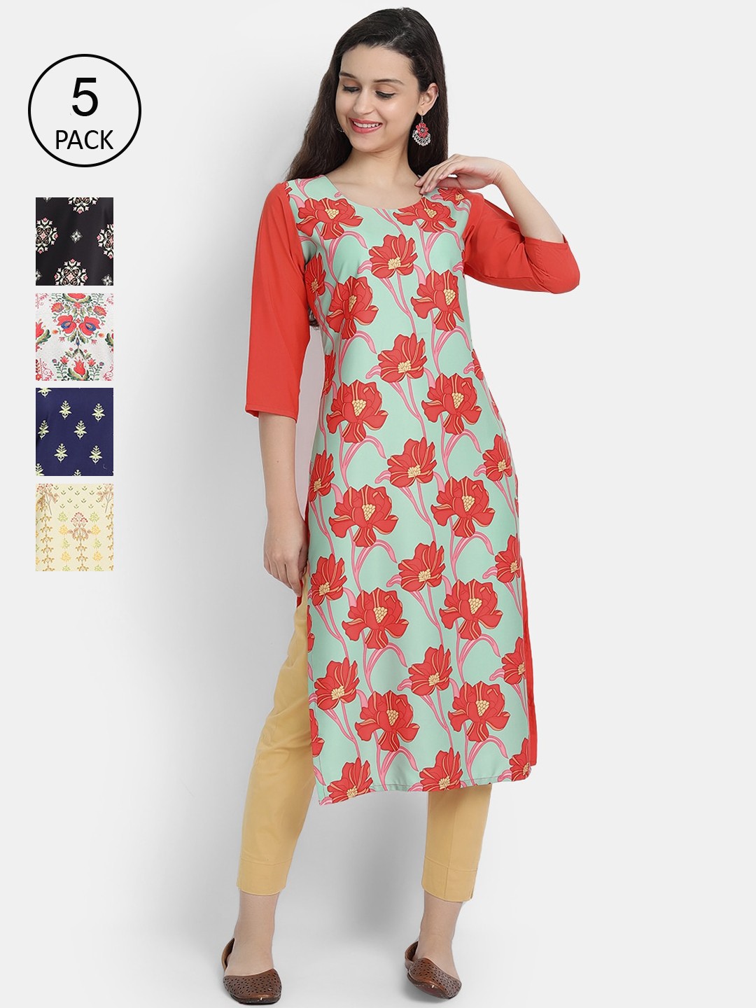 

7Threads Women Pack Of 5 Printed Crepe Kurta, Black