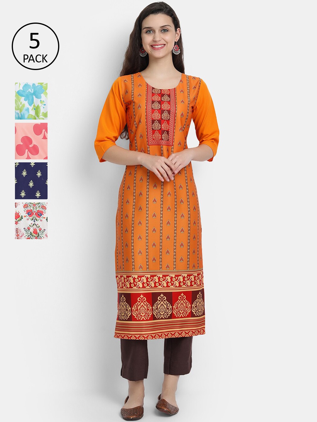

7Threads Woman Pack of 5 Multicoloured Ethnic Motifs Printed Crepe Kurta, Multi