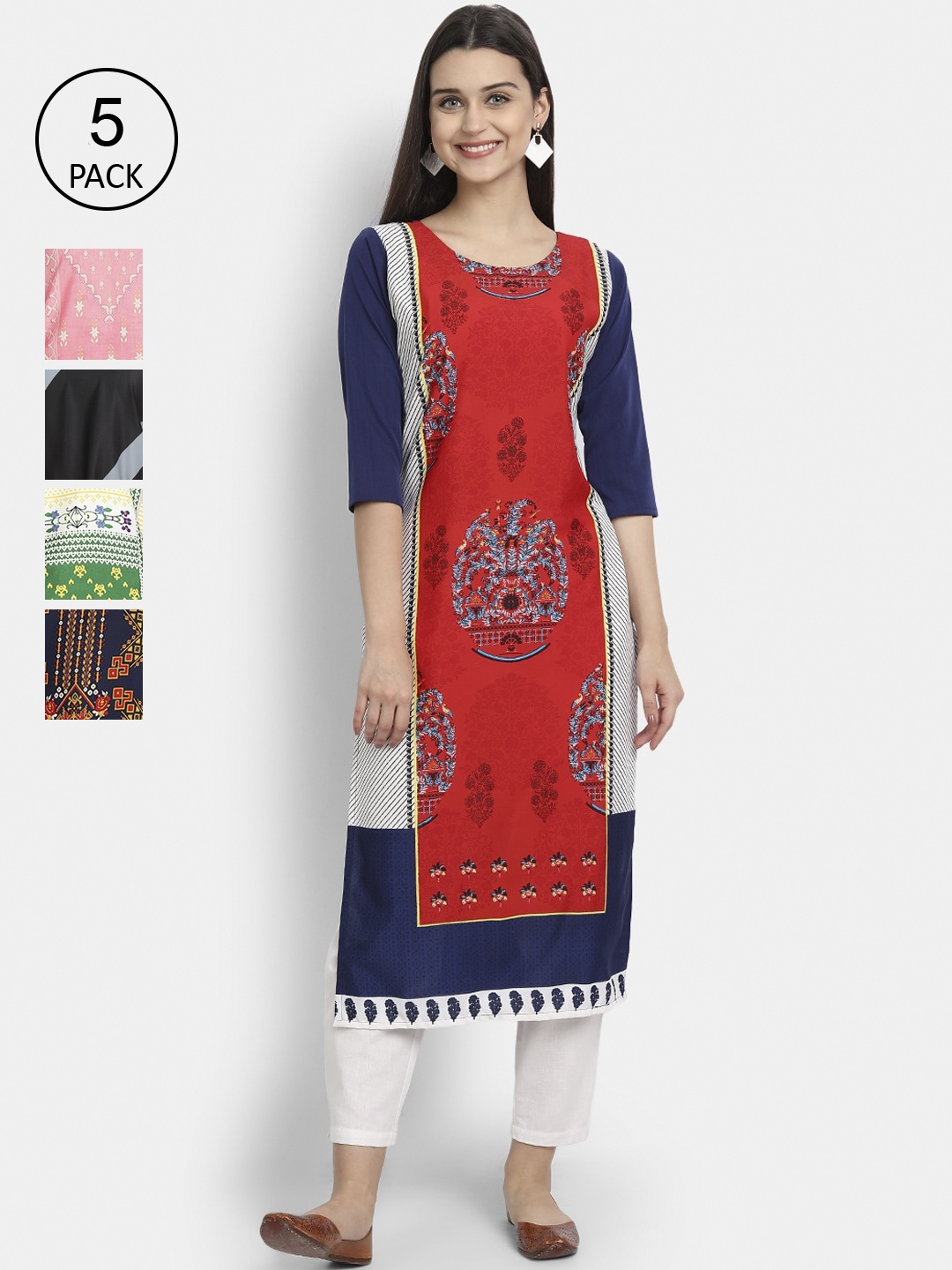 

7Threads Women Pack Of 5 Printed Kurtas, Red
