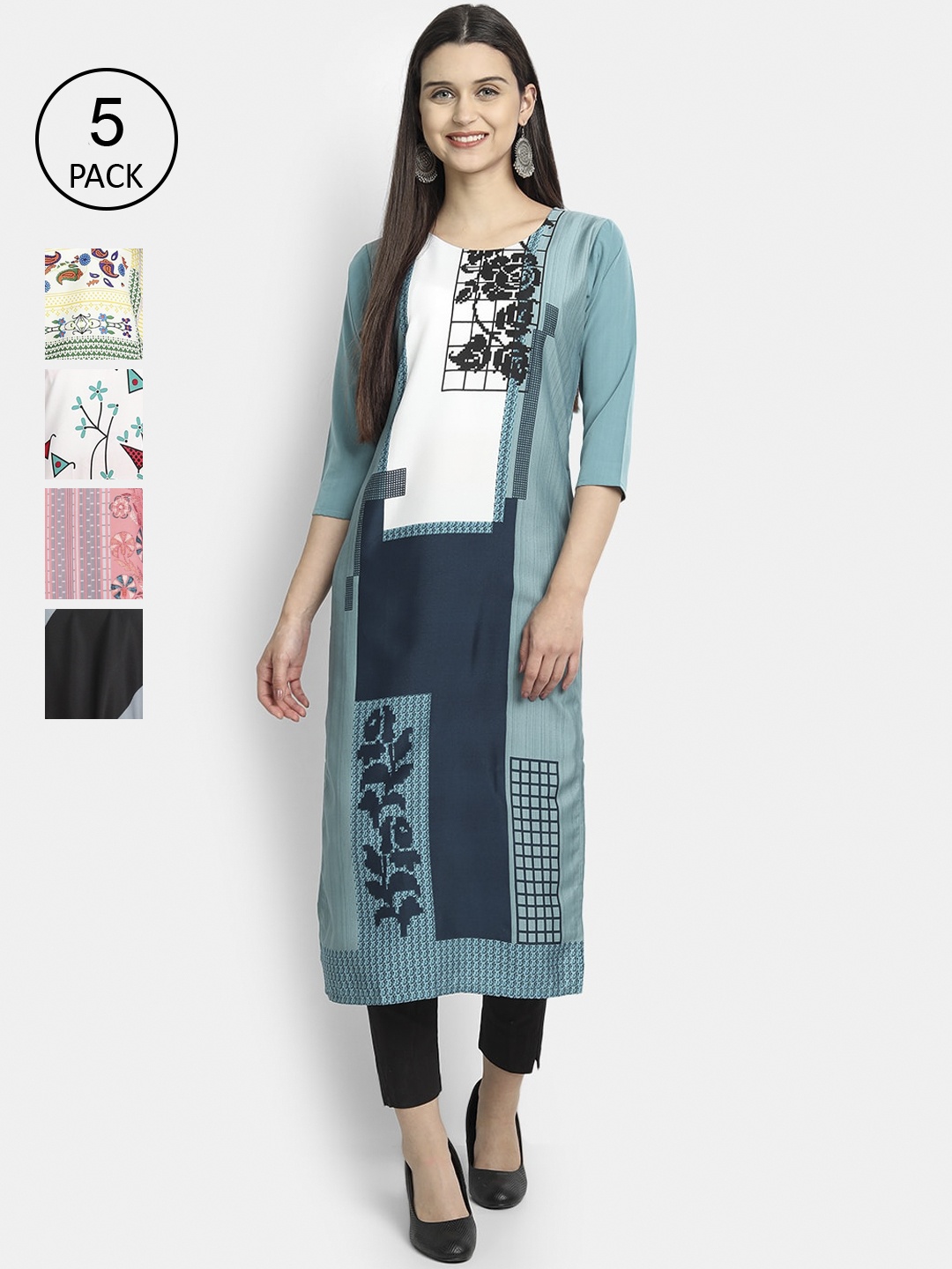 

7Threads Women Pack of 5 Geometric Printed Crepe Kurta, Blue