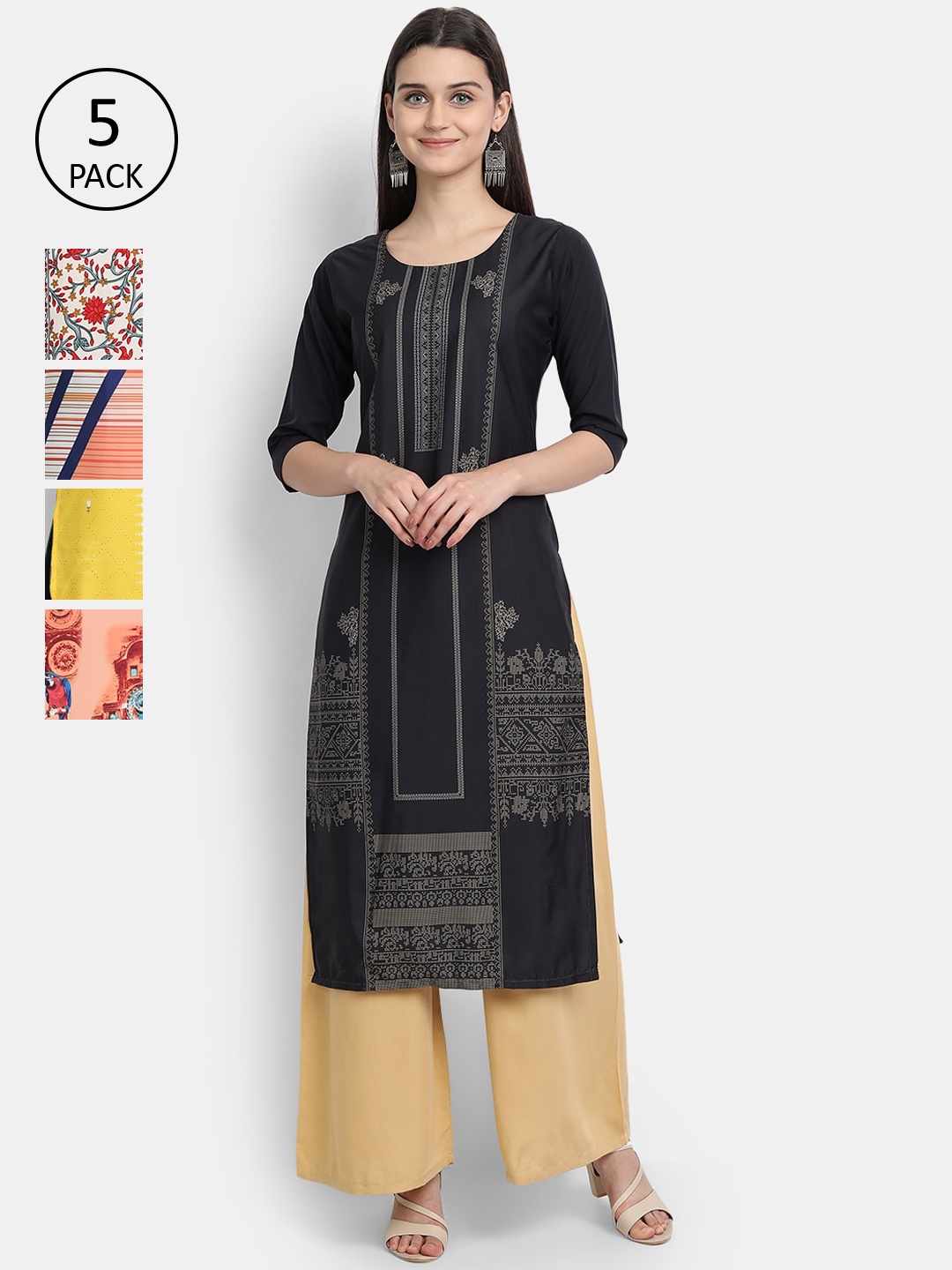 

7Threads Women Pack of 5 Floral Printed Crepe Kurta, Black
