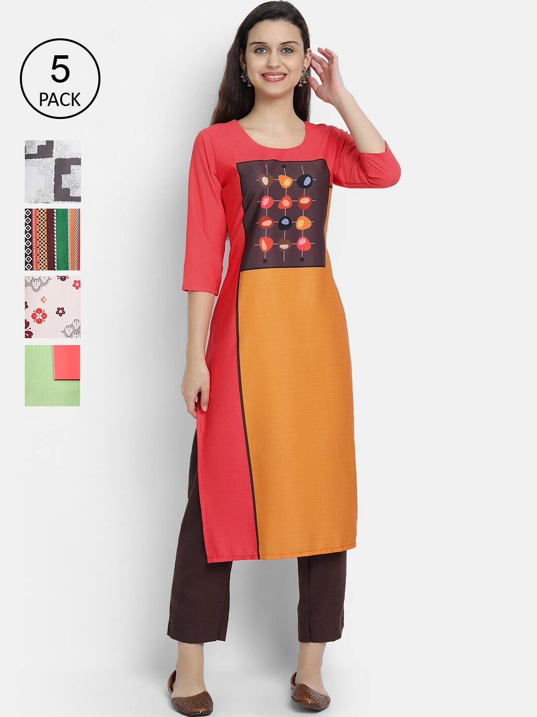 

7Threads Woman Pack of 5 Multicoloured Printed Crepe Kurta, Multi