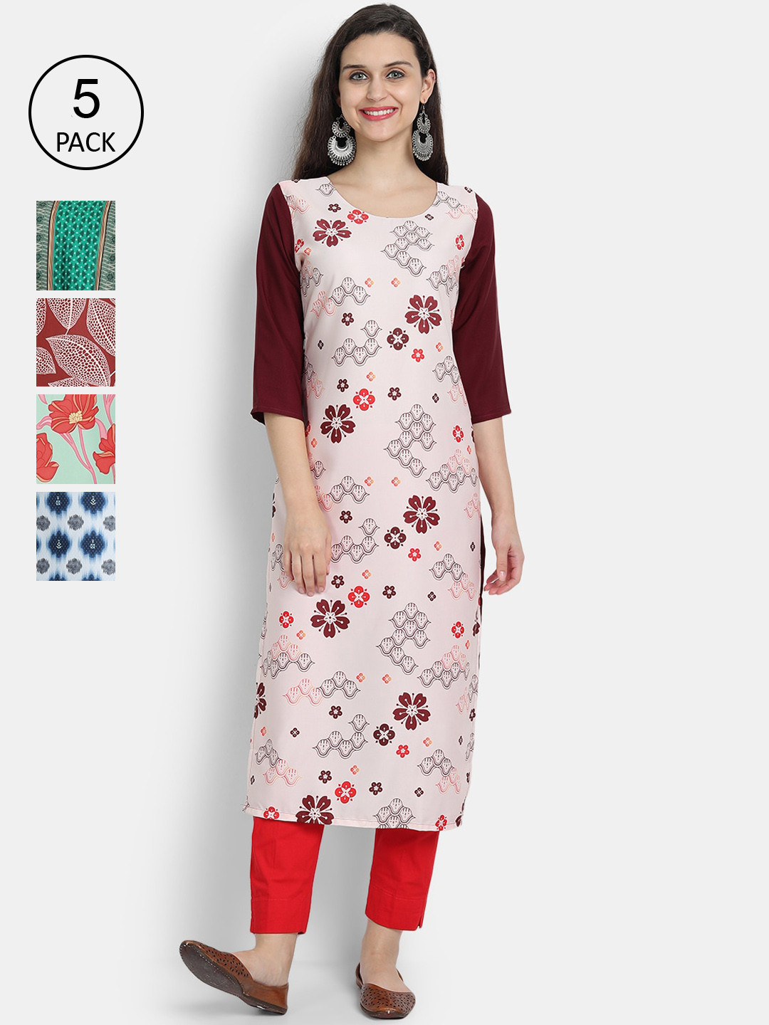 

7Threads Women Pack of 5 Multicoloured Printed Crepe Straight Kurtas, Multi
