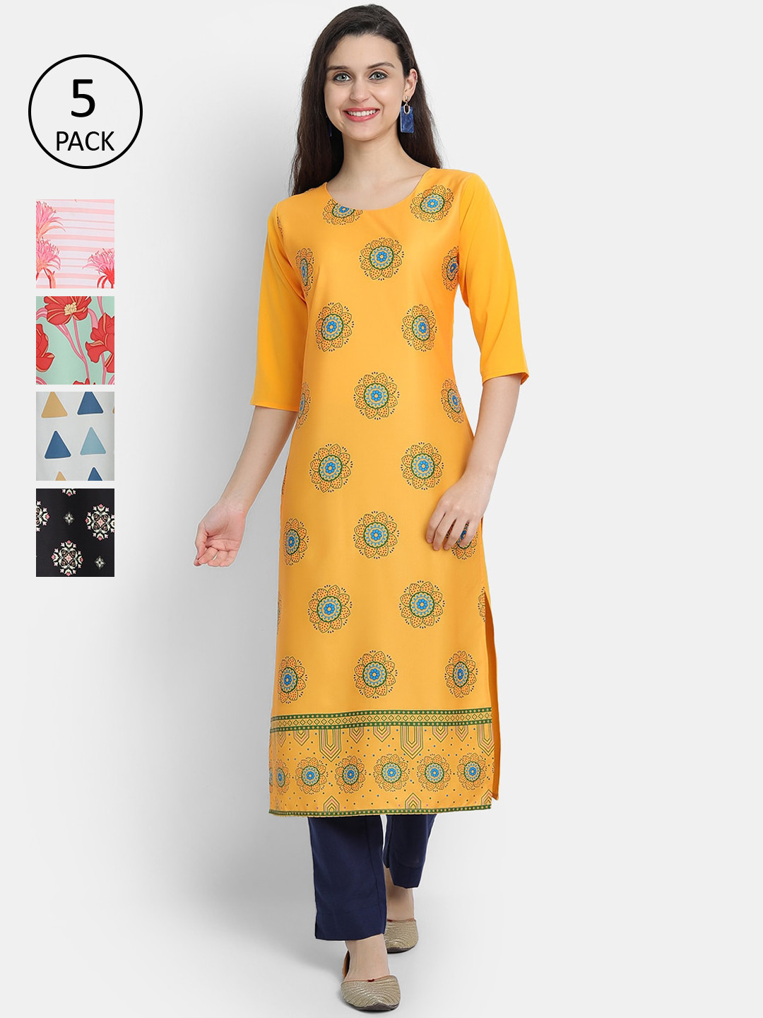 

7Threads Women Multicoloured Bandhani Embroidered Keyhole Neck Mirror Work Crepe Kurta, Multi