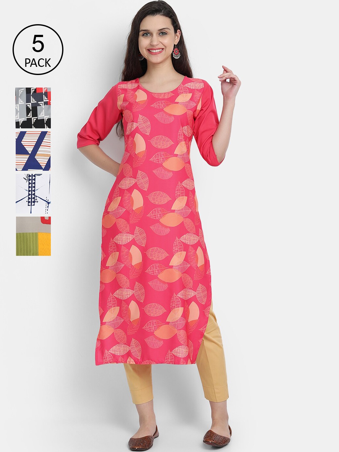 

7Threads Women Pack Of 5 Printed Kurtas, Pink