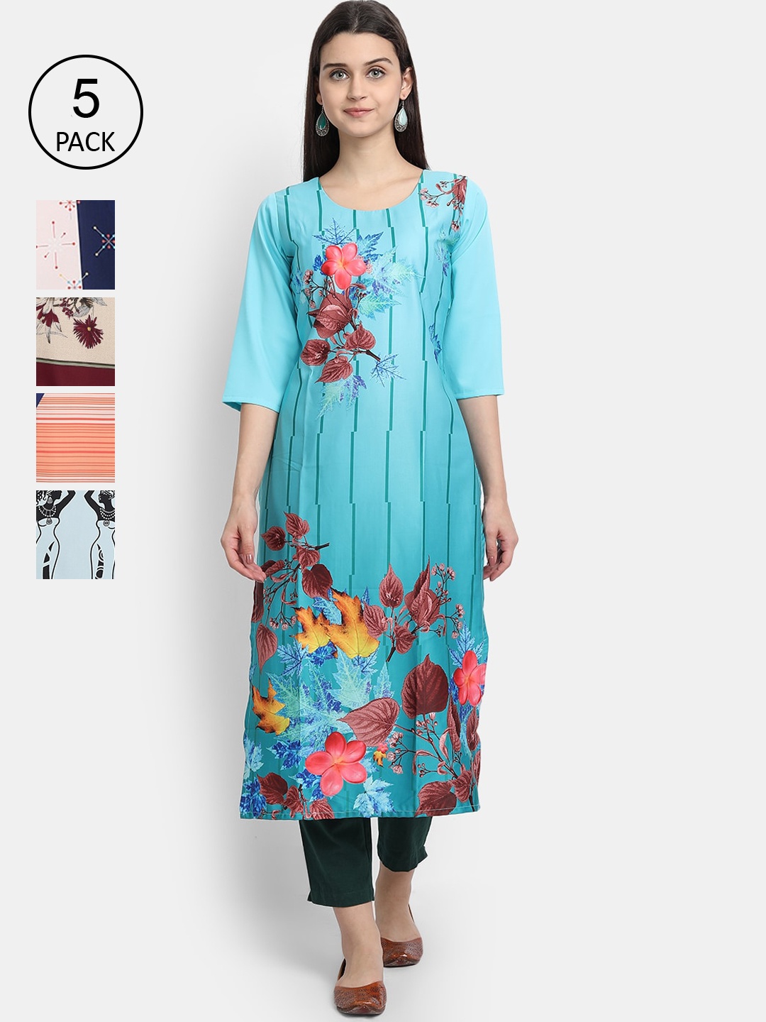 

7Threads Women Pack Of 5 Multicoloured Ethnic Motifs Printed Crepe Kurta, Multi