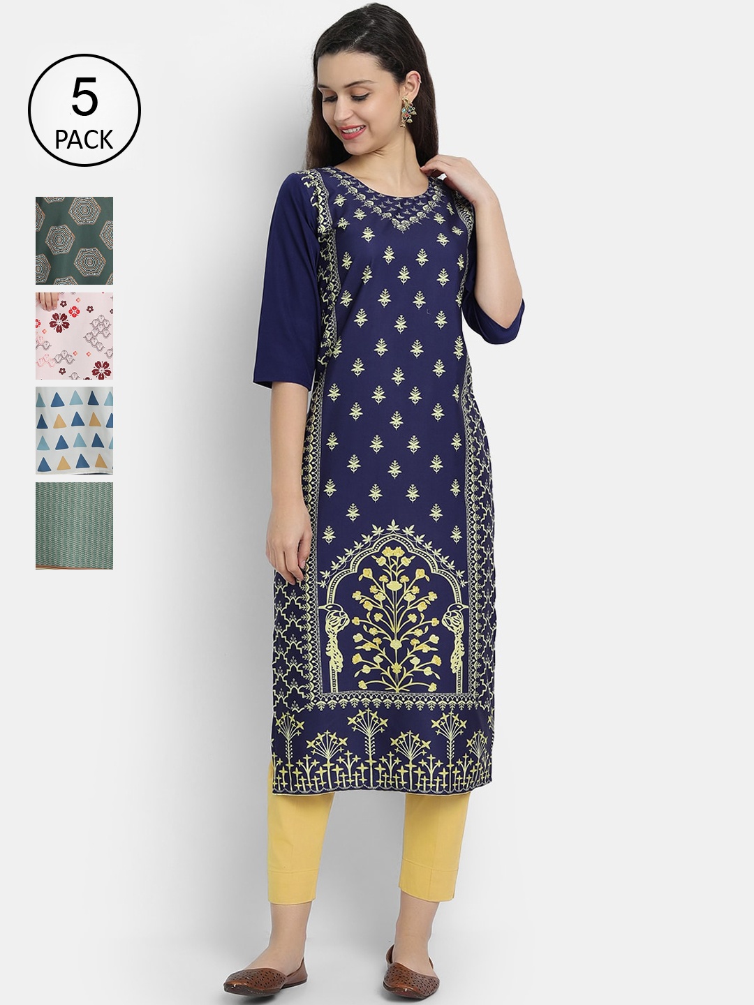 

7Threads Women Pack Of 5 Printed Crepe Kurtas, Navy blue