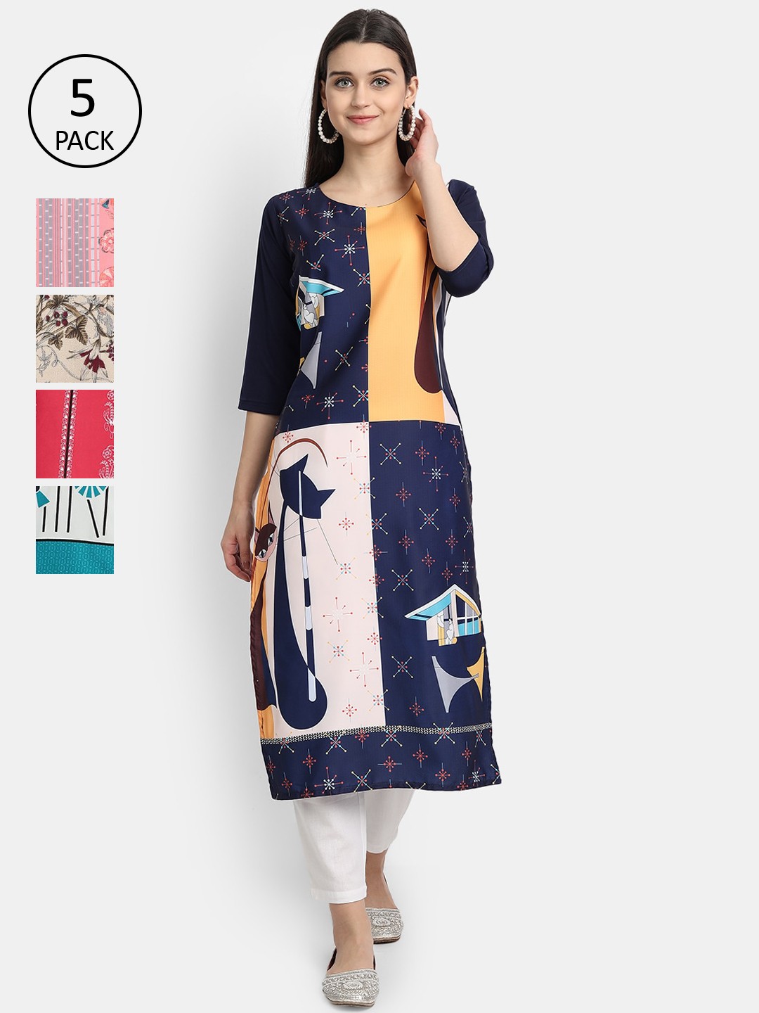 

7Threads Women Pack of 5 Ethnic Motifs Printed Crepe Kurta, Blue