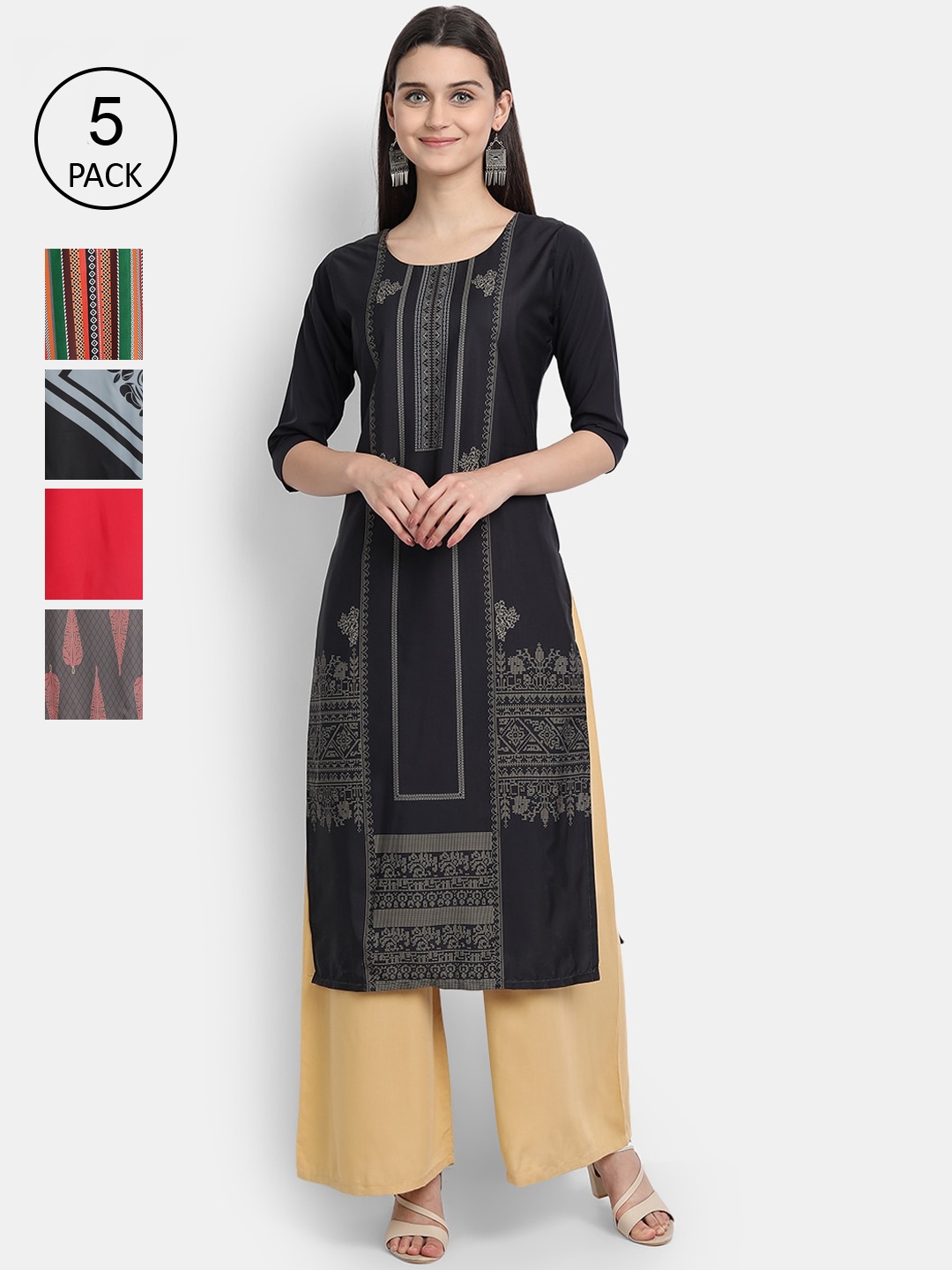 

7Threads Women Set of 5 Ethnic Motifs Printed Crepe Kurta, Multi