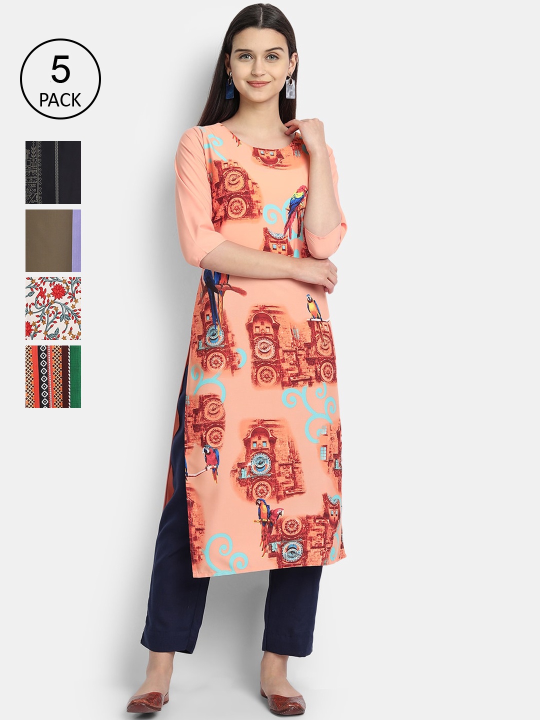 

7Threads Pack of 5 Women Printed Crepe Kurta, Multi