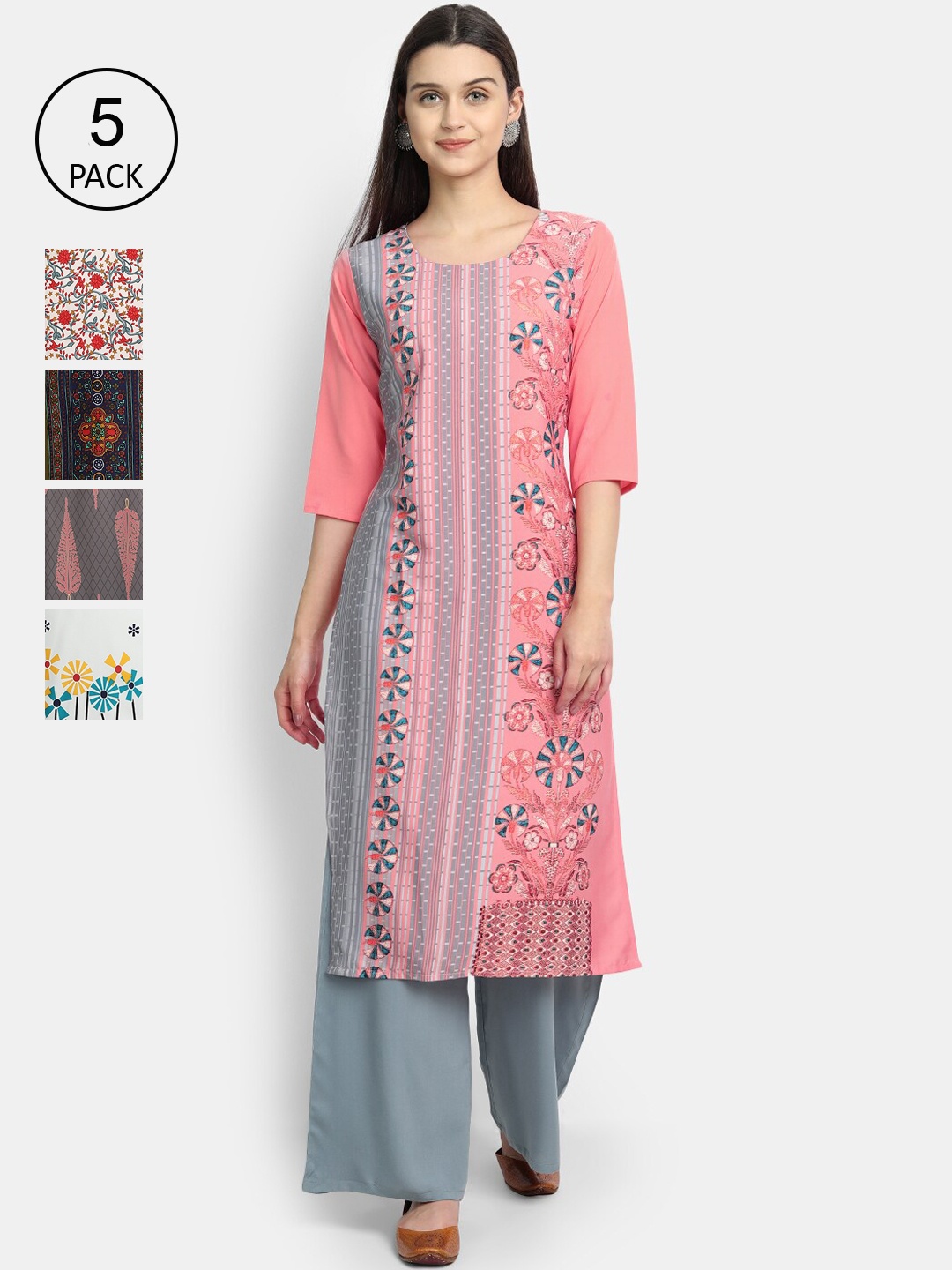 

7Threads Women Pack of 5 Ethnic Motifs Printed Crepe Kurta, Pink