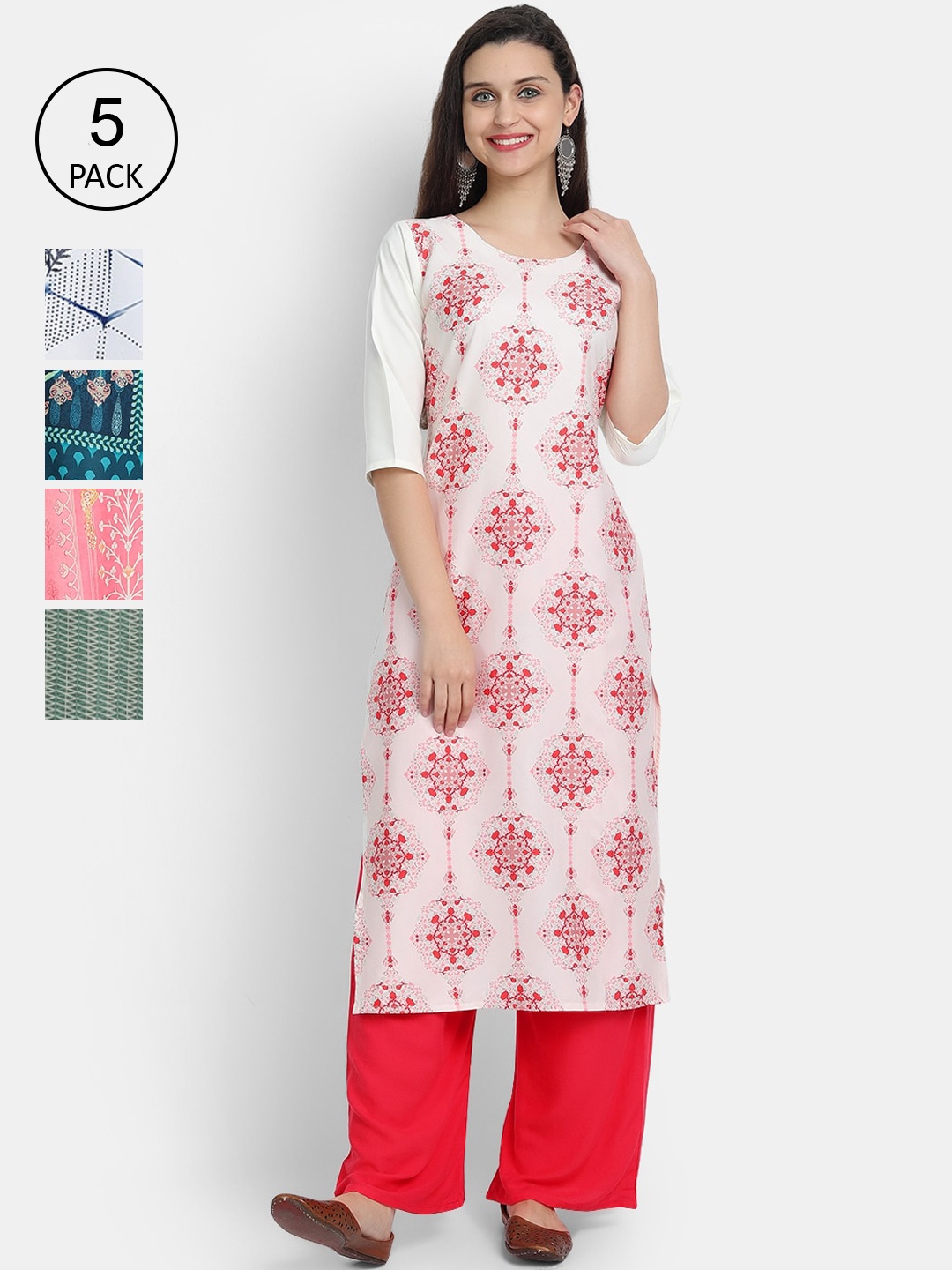 

7Threads Women Set of 5 Multi Ethnic Motifs Printed Crepe Kurta