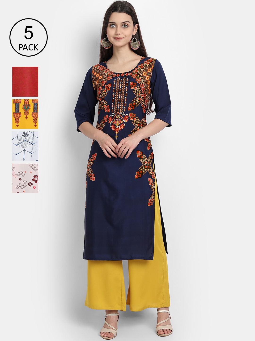 

7Threads Women Pack of 5 Multicoloured Printed Crepe Straight Kurtas, Multi