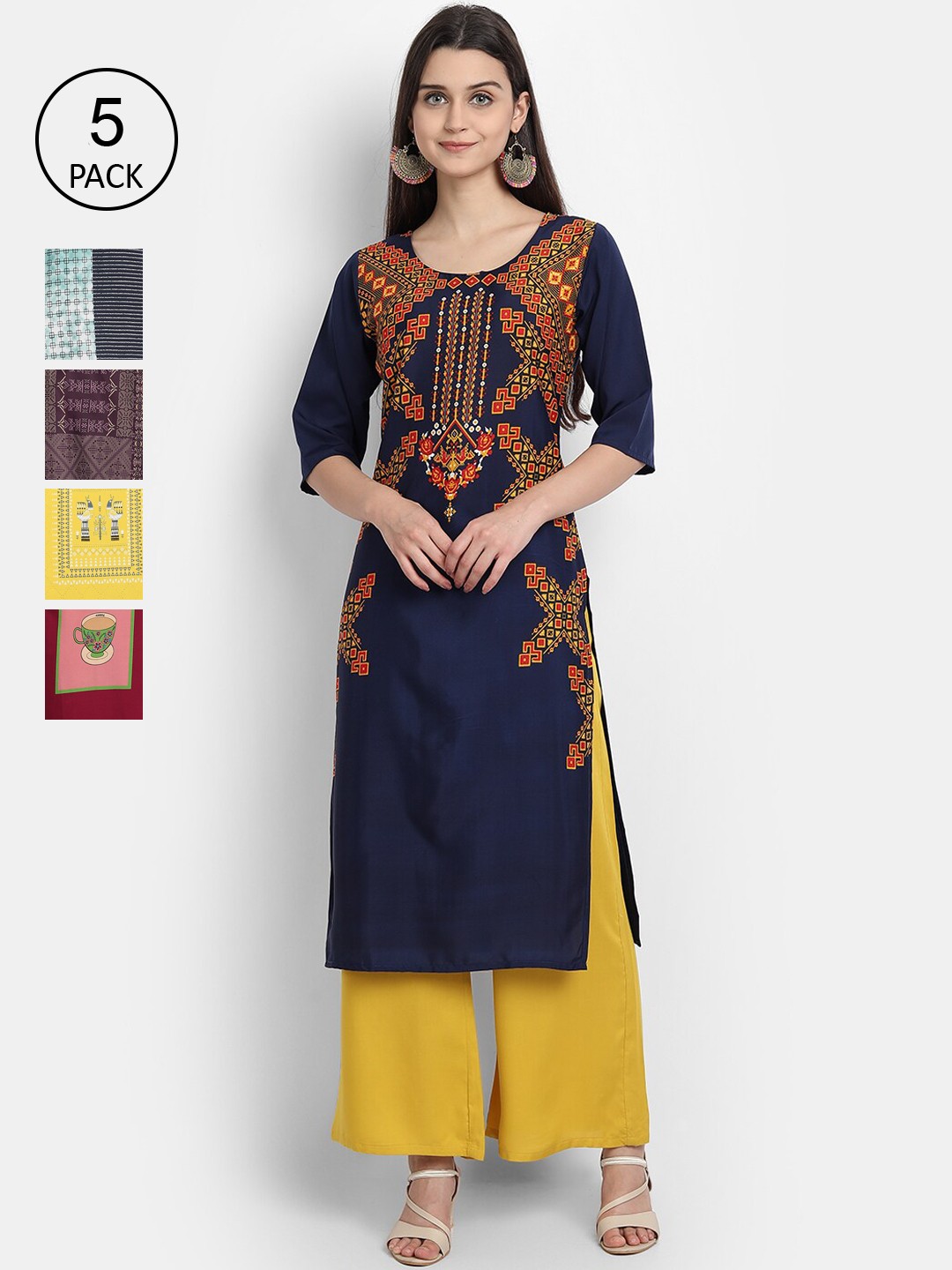 

7Threads Woman Pack of 5 Multicoloured Ethnic Motifs Printed Crepe Kurta, Multi