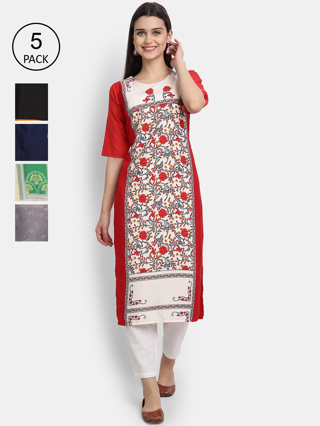 

7Threads Pack of 5 Women Printed Crepe Kurta, Multi