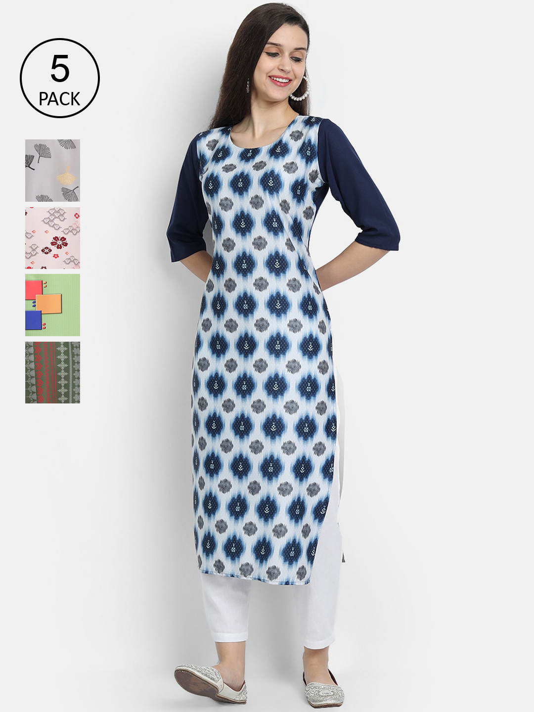 

7Threads Women Pack Of 5 Printed Crepe Kurta, Blue