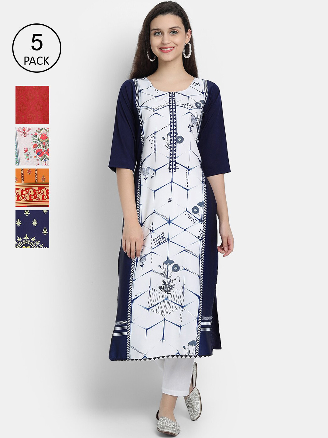 

7Threads Women Pack Of 5 Multicoloured Geometric Printed Crepe Kurta, Multi