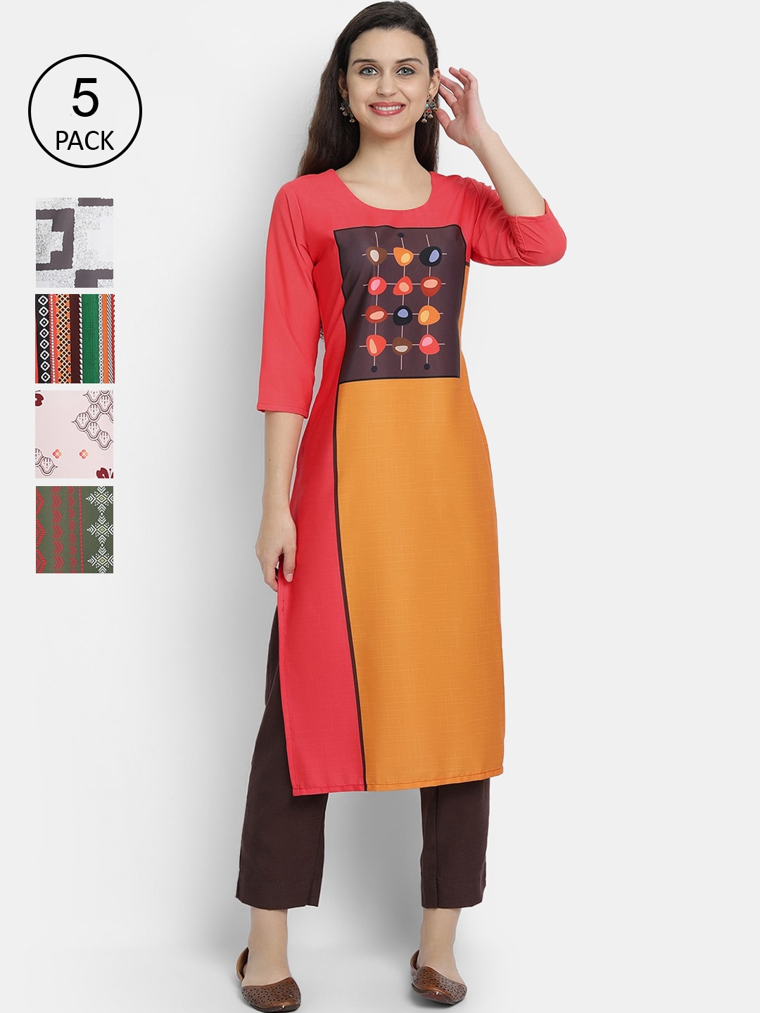 

7Threads Women Pack Of 5 Printed Crepe Kurtas, Red