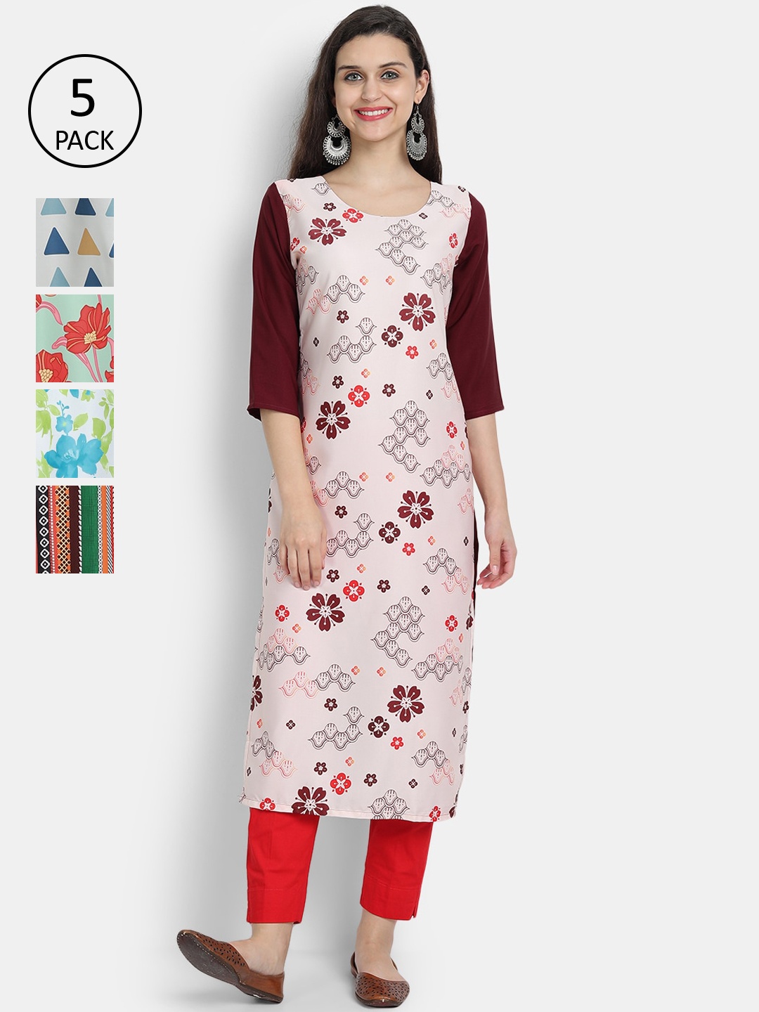 

7Threads Women Pack Of 5 Multicoloured Printed Crepe Kurtas, Multi